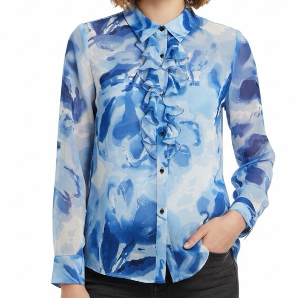 Susan Graver Watercolor Print Ruffle Front Blouse, Size‎ L - Blue & White